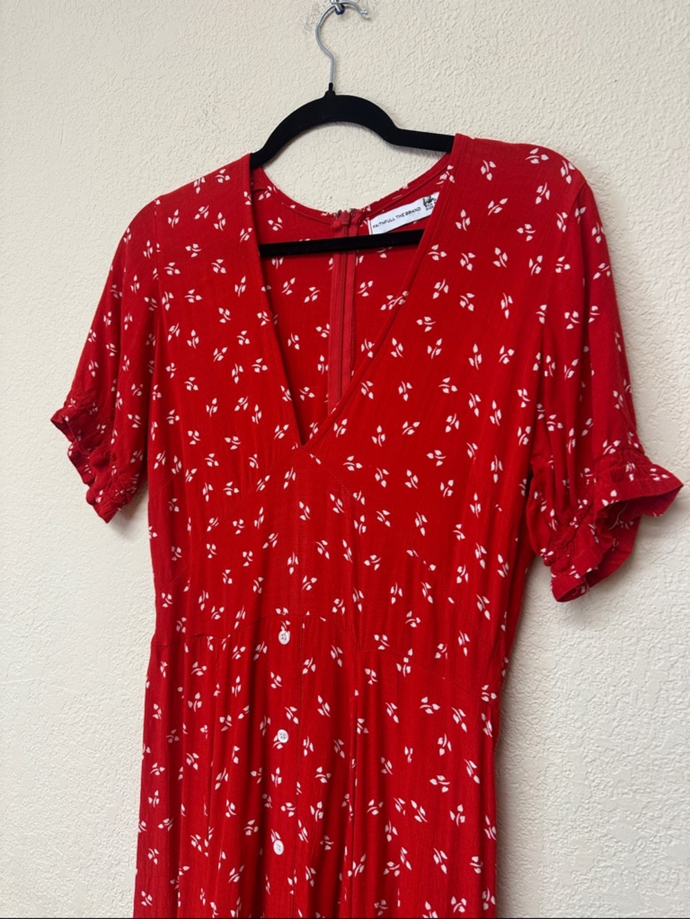 Faithfull Anthro womans Jeanne Red Floral V-Neck Midi Dress size L - Picture 4 of 4